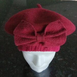 Heavy 100% Wool Burgundy Beret w/Bow & Magenta Knit Band